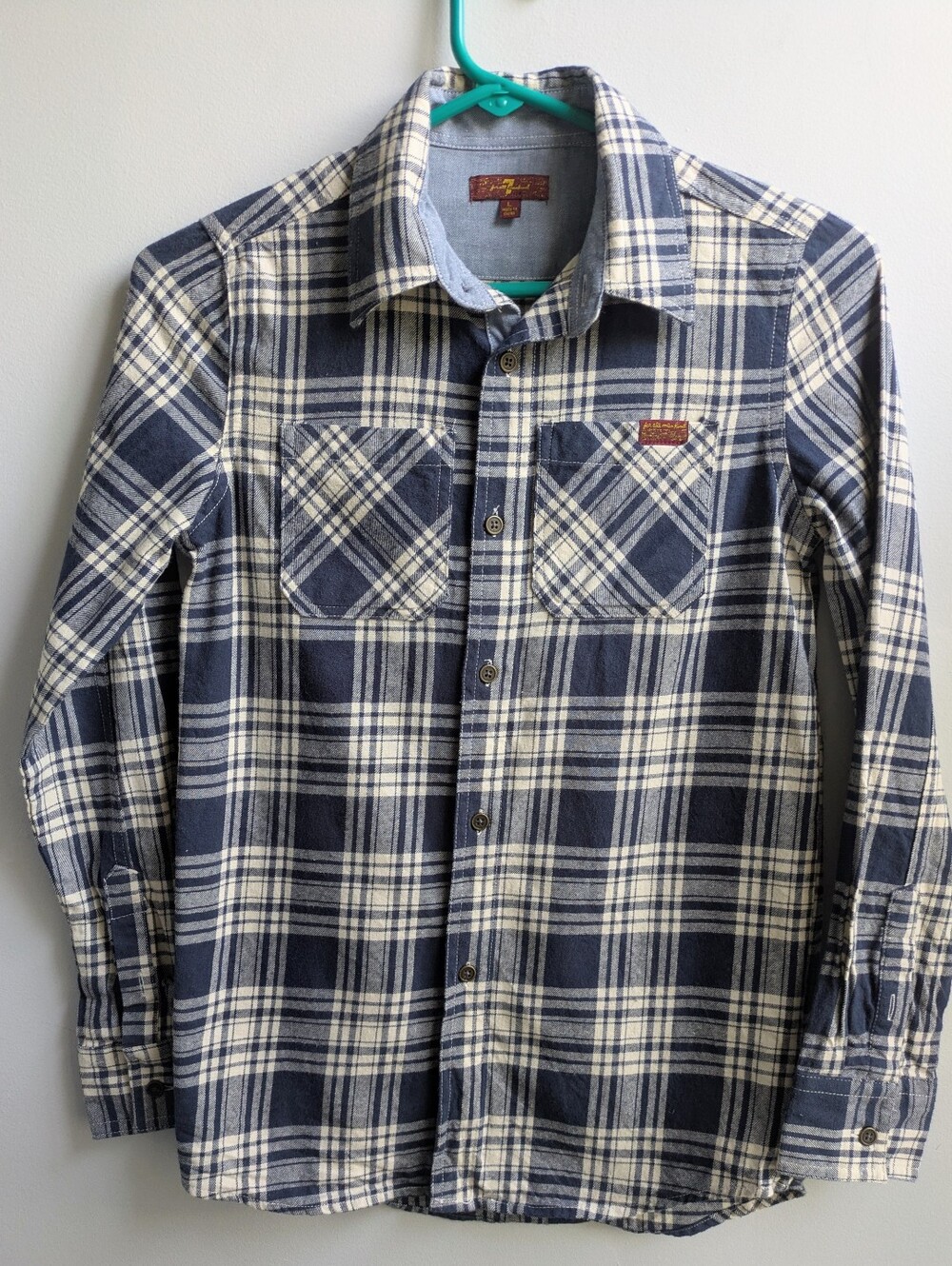 7 For All Mankind Navy/ Soft White Plaid Button-Front Shirt Size L